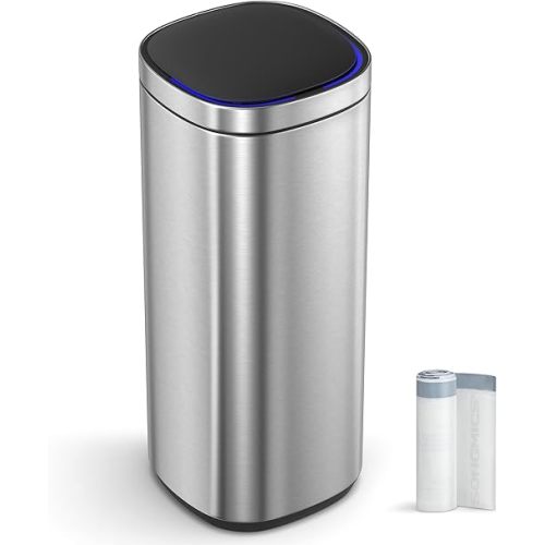 SONGMICS Kitchen Trash Can, 13-Gallon (50 L) Motion Sensor Garbage Can, Stainless Steel Trash Bin, Ozone Odor Control, Stay-Open, Metallic Silver ULTB620E50
