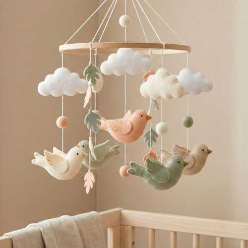 Handmade Felt Bird Baby Mobile, Sage Green Nursery Decor