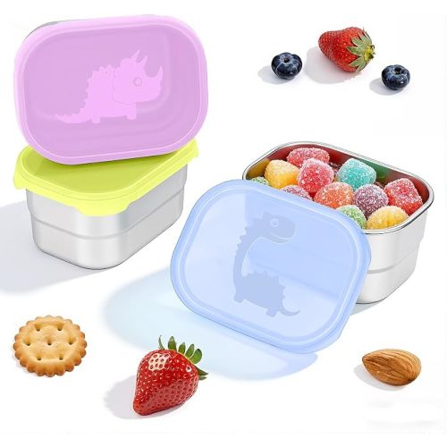 3×8oz Small Stainless Steel Snack Containers - 230mL Leakproof Food Containers with Cute Dino Lids | LFGB Certified, Stackable Metal Snack Box for Home, Office, Travel