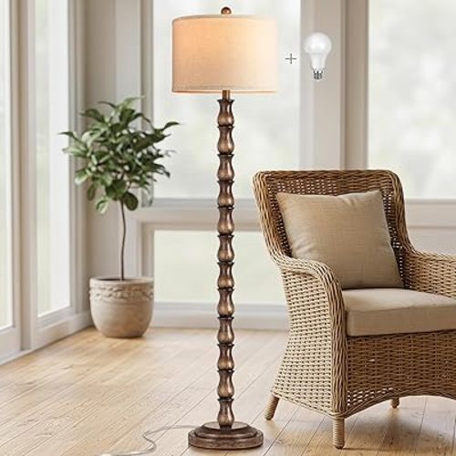 63.5" Rustic Floor Lamp for Living Room, Farmhouse Floor Lamp with Rotary Switch & Linen Shade, Vintage Resin Tall Standing Lamp for Bedroom Corner Office Home Decor, Dark Brown (LED Bulb Included)