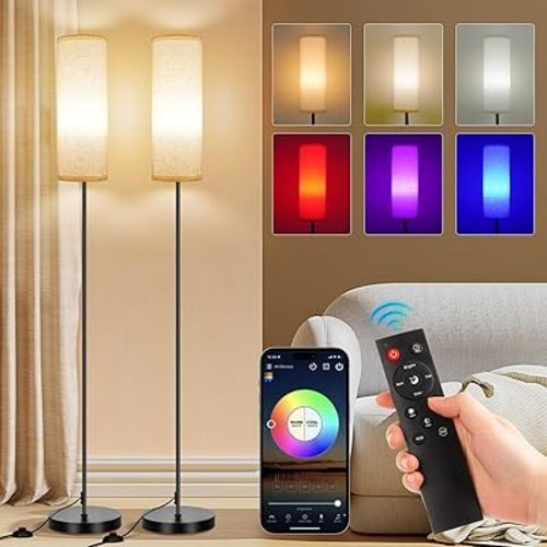 FRIDEKO HOME 2 Pack Floor Lamps for Living Room, Dimmable Colors Temperature & Brightness, Modern Floor Lamp with Remote, Tall Standing Lamps for Living Room Bedroom Office, Beige Shade 9W Smart Bulb