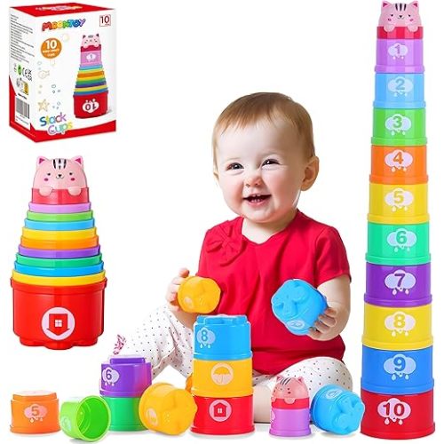 MOONTOY Stacking Cups Baby Toys 6 10 12 18 Months, Montessori Toys for 1 Year Old Toddler Learning Toy with Numbers Shapes Patterns, Baby Bath Toy 6-12 Months, Gifts for 1 2 3 Year Old Boys Girls