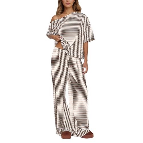 MISSACTIVER Women’s 2 Piece Striped Lounge Set Comfy Off Shoulder Shirts Drawstring Pants Matching Pajama Set Pj