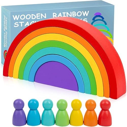 Wooden Rainbow Stacking Toy, Wood Peg Dolls