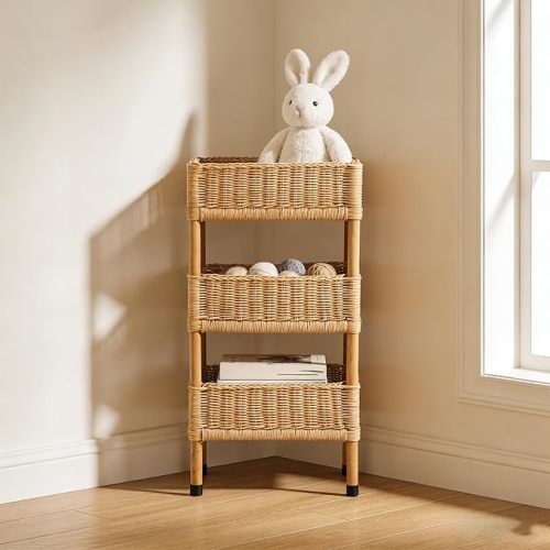 3 Tier Wicker Basket Stand, Handwoven Rattan Storage Rack with Wooden Frame, Boho Wicker Bookshelf and Organizer Shelf for Living Room, Bathroom, Kitchen, Bedroom (Light Brown)