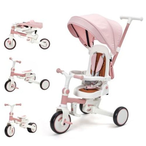 7-in-1 Foldable Baby Tricycle with Adjustable Parent Handle – Toddler Trike with Safety Harness, Wheel Brakes & Removable Canopy