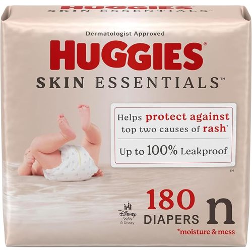 Huggies Size Newborn Diapers, Skin Essentials Baby Diapers, Size Newborn (6-9 lbs), 180 Count (3 Packs of 60), Packaging May Vary