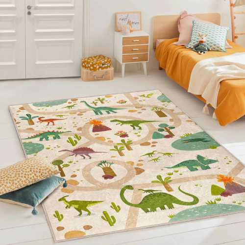 Dinosaurs Themed Washable Kid's Room Rug|Forest Road Nursery Play Mat|Beige And Green Kids Carpets|Handmade Kids Rug|Best Jurassic Kids Rugs