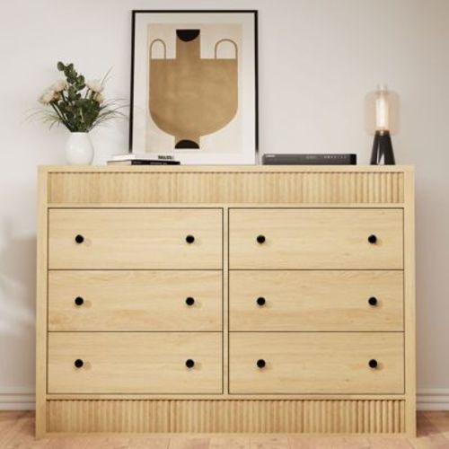 Fluted 6 Drawer Dresser, 47" Wide Natural Oak 6 Chest of Drawers with Double Waveform Fluted Panel, Wooden Cabinet for Bedroom Living Room Nursery