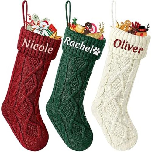 Dreamdecor Personalized Christmas Stockings with Monogramed Name, 18" Customized Embroidered Christmas Stockings,3 Pack Christmas Stockings for Fireplace Family Holiday Christmas Party