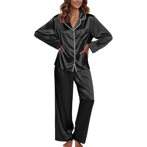 Ekouaer Pajamas For Women Set Silk Pjs 2 Piece Satin Sleepwear Long Sleeve Button Down Lounge Sets With Pant