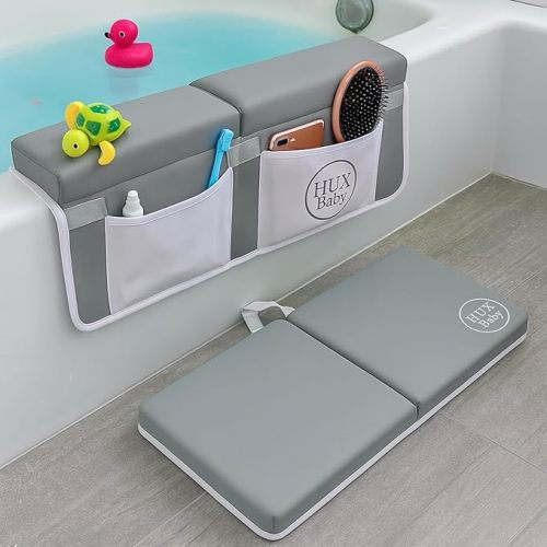 Comfortable Baby Bath Kneeler and Elbow Rest Pad Set, Non-Slip Bathtub Kneeling Pad for Bathing Baby, Bath Tub Cushion Mat, Elbow Pads, Toy Organizer Storage Pockets, Strong Suction Cups (Green Gray)