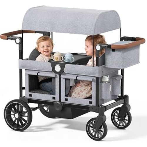 Kinder King Folding Wagon Stroller for 2 Kids, Shock-Absorbing Wheel, Gray