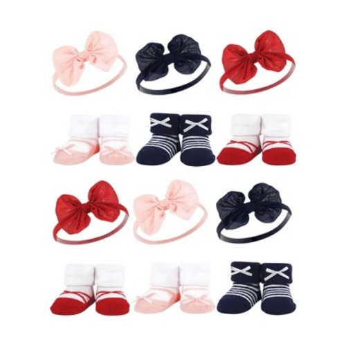 Hudson Baby Infant Girl 12Pc Headband and Socks Giftset, Red Navy Bows, One Size