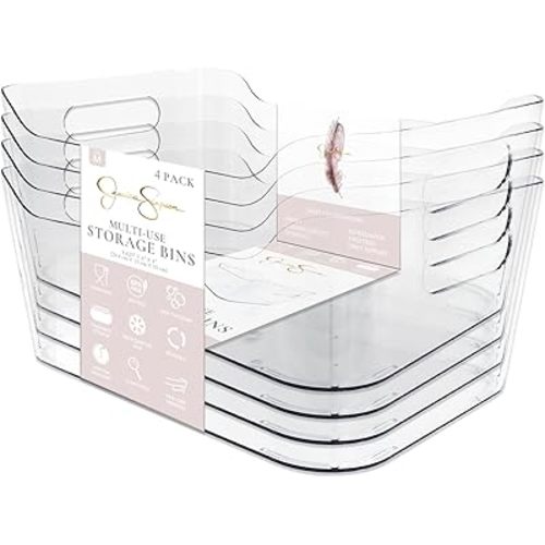 Jessica Simpson 4-Pack Medium Clear Storage Bins – BPA-Free Multi-Use Organizer Containers with Built-in Handles – Stackable Plastic Bins for Kitchen, Pantry, Fridge, Closet & More
