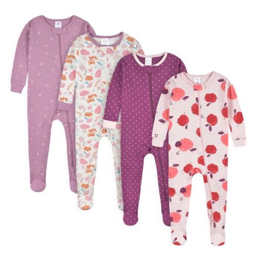 Gerber Baby Girls' 4-Pack Snug Fit Footed Cotton Pajamas, Apple & Woodland Floral, 6-9 Months