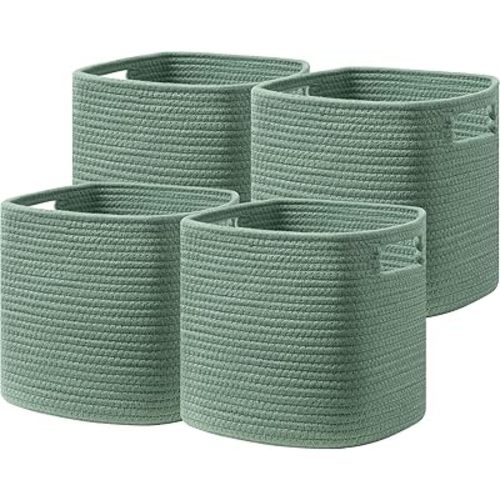 Dreamcountry 13x13 Cube Storage Bins, Storage Cubes with Handles, 4 Pack Cotton Rope Basket for Shelves, Cube Storage Organizer forToys, Book, Clothes, Home, Office, Nursery, Green