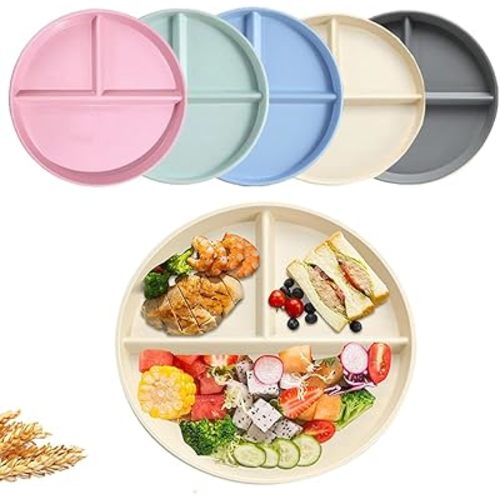 LRUUIDDE Unbreakable Divided Dinner Plate Set of 5, Wheat Straw Plates BPA Free 9 Inch, Portion Control Plate Healthy Eating & Bariatric Diet Divided Plates, Dinner Diet Plates for Kids