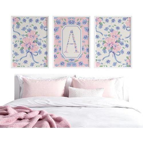 PinkCloverUSA Floral Custom Initial Letter Wall Art Set of 3 Prints, Pink and Blue Coquette Decor for Girls Bedroom, Nursery, or College Dorm, Preppy Personalized Letter Art Print Set