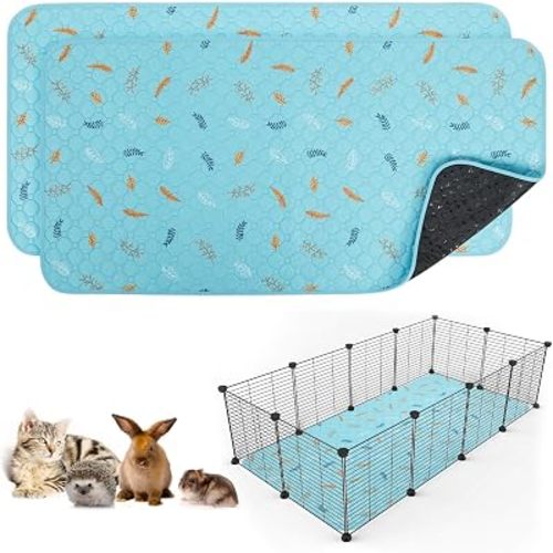 Sunheir 2 Pack Washable Guinea Pig Pee Pads, 24" x 48" Waterproof Reusable Guinea Pig Cage Liners, Absorbent Bedding Training Mat for Small Animal Guinea Pigs Rabbit Bunny Hamster - Sky Blue