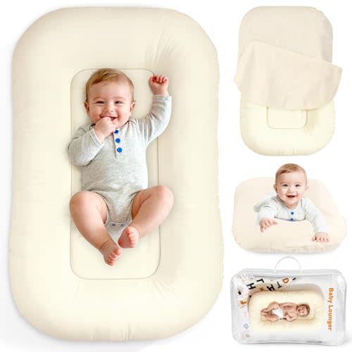 Baby Lounger & Snuggle Nest for Newborn 0-24 Months, Baby Nest Supervised Breathable Cotton for Newborn, Breathable Portable Infant Lounnger for Travel and Home, Light Beige (Lounger Cover Included