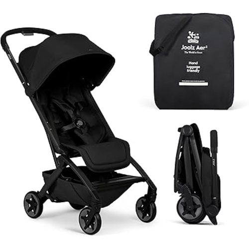 Joolz Aer2 Lightweight Travel Stroller for Baby & Toddler – One-Hand Fold, Compact Carry-On Airplane Approved, Reclining Seat, UPF 50+ Canopy, Travel Pouch, Baby Net – Space Black