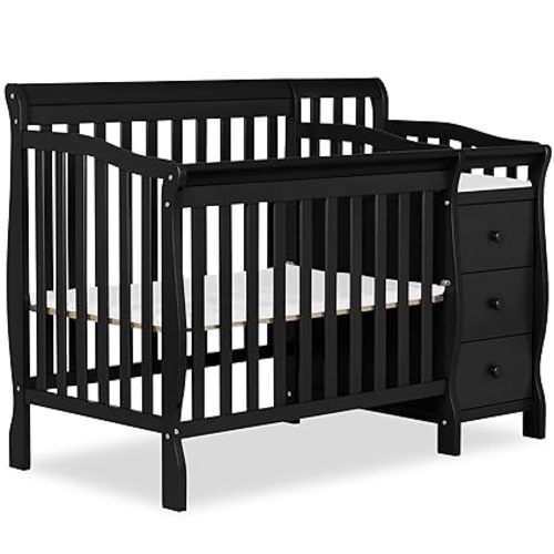 Dream On Me Jayden 4‑in‑1 Mini Convertible Baby Crib & Changer with Storage in Black, Pinewood, GreenGuard Gold & BSA, 1” Mattress Pad, 3 Mattress Heights, Converts to Mini Day & Twin-Size Bed