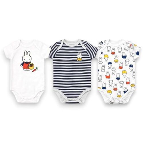 Miffy Baby Boys' 3-Pack Short Sleeve Soft Cotton Blend Bodysuit Set, White/Navy Stripes, Newborn