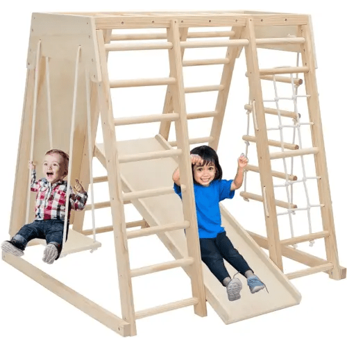 EDOSTORY 7 in 1 Pikler Indoor Playground Jungle Gym Playset, Wooden Montessori Climber with Slide, Rock Climb Wall, Monkey Bars, Rope Ladder, Climbing Rope and Swing for Kids(Natural)