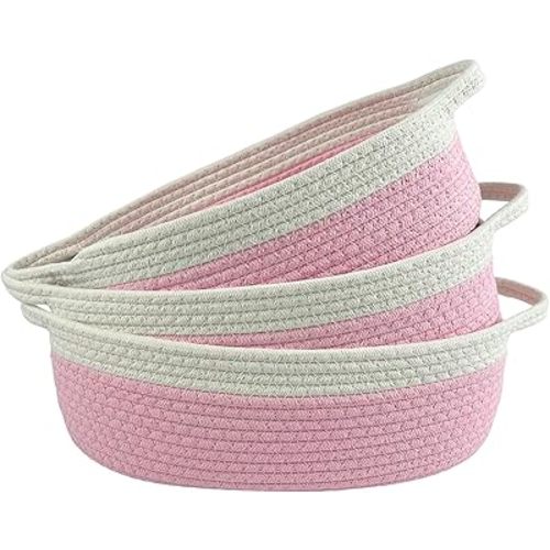 Woven Cotton Rope Storage Baskets with Handles,3-Pack Multi-Use Organizer for Shelves, Wardrobe, Living Room, Bedroom,Toy Storage Empty Gift Basket,Pink Basket