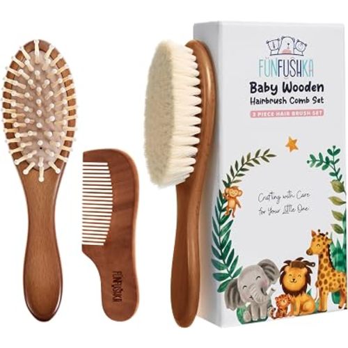 Baby Wooden Hair Brush and Comb Set for Newborn Toddler - Natural HairBrush with Soft Goat Bristle for Girl and Boy, Perfect for Cradle Cap (Oak)