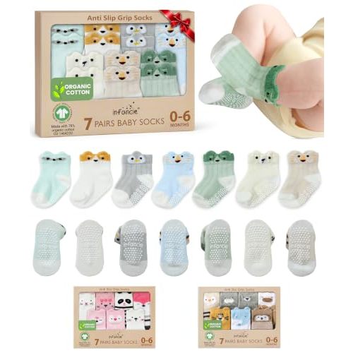 GOTS Organic Cotton Blend 7 Baby Socks 0-6 Months Animal Design Non Slip