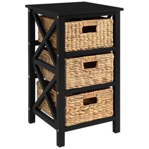 eHemco 3 Tier x-Side End Table Side Table Storage Cabinet with 3 Natural Water Hyacinth Wicker Baskets, Black