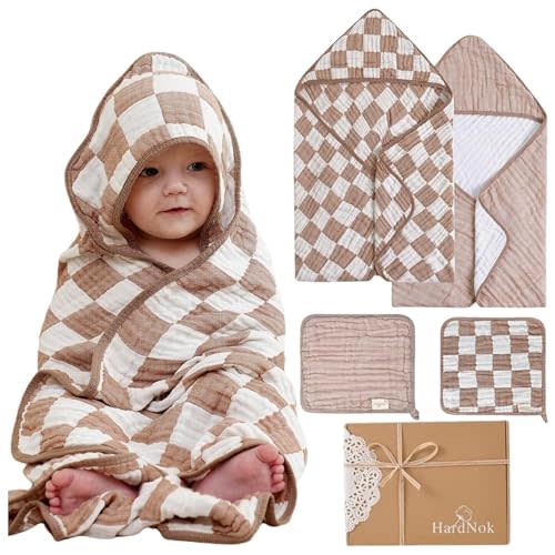 HardNok 4-Pc Ultra-Soft Muslin Baby Towel Set - Bath & Beach, (Coffee Checkered, 32“x32)