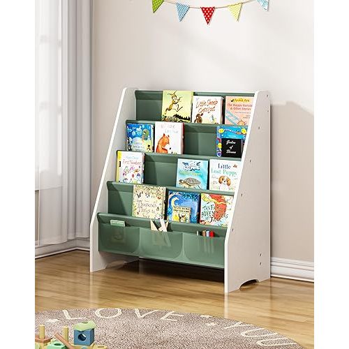 SEIRIONE Sturdy Kids Bookshelf,4-Tier Book Shelf for Kids Room with Tear-Proof Oxford Fabric-Nursery Room Playroom Classroom,Deep Slings to Keep Books Upright,Ideal Height for Toddler Age 3+, Green