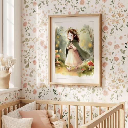 Girl forest hobbit, Lord of the Rings Tolkien Woodland Mushrooms Watercolor painting Baby Gift Child room Nursery picture wall art print