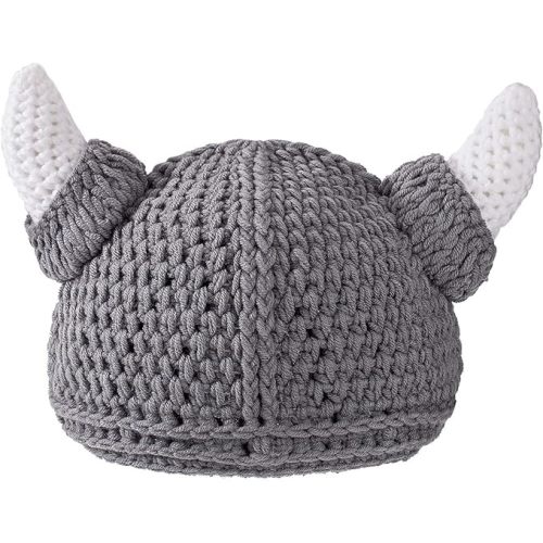 Baby Viking Knit Hat with Horns Barbarian Cute Beanie Hat Adult Crochet Handmade Knitted Cap Gray