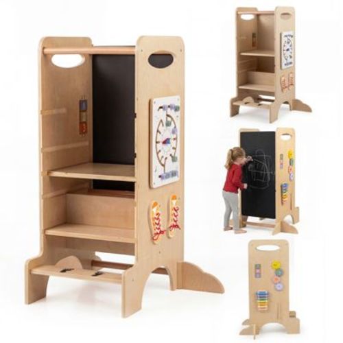 Costway Wooden Toddler Standing Tower w/Chalkboard Montessori Games 3 Adjustable Heights