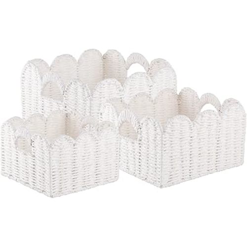 OIAHOMY Scalloped Wicker Baskets, Hand-woven Storage Baskets with Built-in Handles, Paper Rope Shelf Baskets for Organizing and Decoration, Set of 3-White