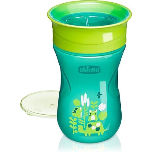 Chicco 360° Spoutless Sippy Cup 9+ Months, 9oz Toddler Training Cup, 2-in-1 Trainer with Removable Membrane for Open Cup, Spill-Resistant Rim, BPA-Free, Green