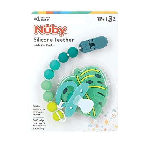 Nuby All Silicone Teether with Bonus Silicone Pacifinder with Clip - 3+ Months, 1pk,Monstera Leaf