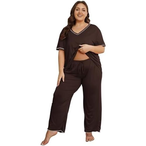 Vozanet Women's Plus Size Pajama Sets Short Sleeve Long Pants Solid Color with Piping Trim Elegant Loungewear Cozy Sleepwear