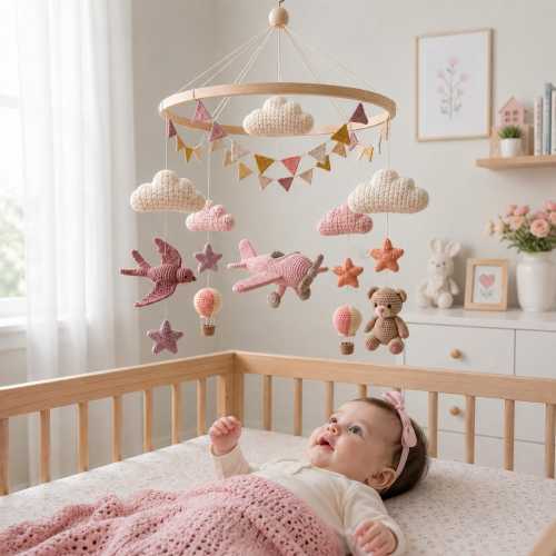 Pink Airplane Baby Mobile, Crochet Baby Crib Mobile, Vintage Aviation Nursery Decor, Teddy Bear & Swallow Mobile, Baby Girl Shower Gift