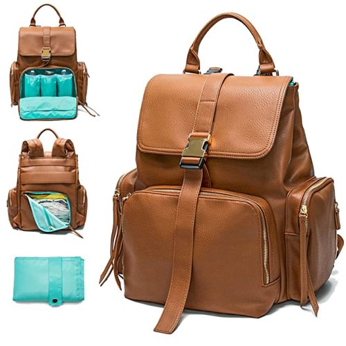 MOMINSIDE Diaper Bag Backpack with 14 Pockets, Leather Baby Bag, pañaleras para bebe Baby Registry, 4 Insulated Pockets, Changing Pad, Stroller Straps (Brown)
