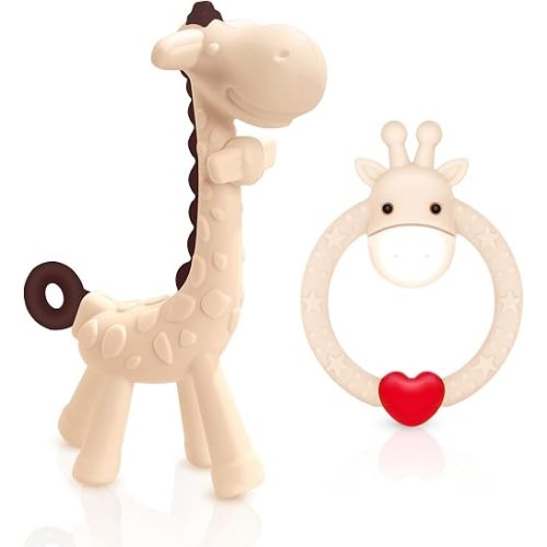 SHARE&CARE Silicone Giraffe Baby Teether Toy with Storage Case, for 3 Months Above Infant Sore Gums Pain Relief, Baby Teething Toys, Women Gift for Mom, Wife, Her (Cream)