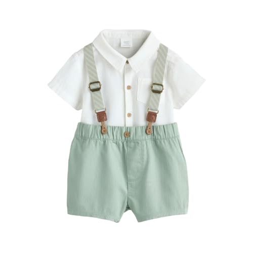 NEXT Baby Boys 3 Piece Baby Set with Shirt Bodysuit Shorts and Suspenders, Sage Green, 68-74