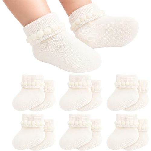 Non Slip Baby Girl Newborn Infant Socks Booties Pom Pom Turn Cuff