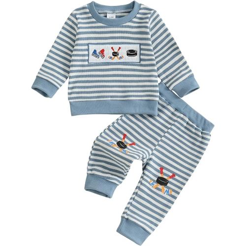 Baby Boy Hockey Outfit Long Sleeve Crew Neck Striped Hockey Embroidered Sweatshirt Pants Toddler Winter Clothes
