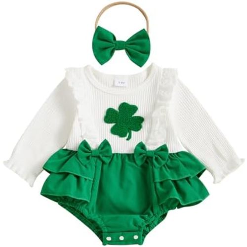 BemeyourBBs St Patricks Day Baby Girl Outfit Shamrock Long Sleeve Bubble Romper Jumpsuit Headband Infant Cute Spring Clothes