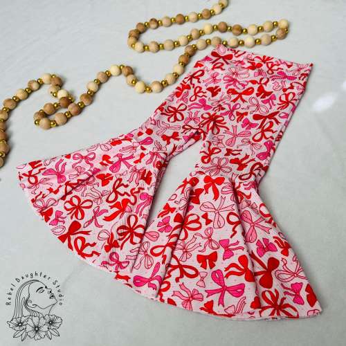 Coquette, Girly Baby & Toddler Bell Bottoms | Pink and Red Bows | Ribbed Baby Pants | Ribbons and Polka Dots, Flared Kids , Groovy Style